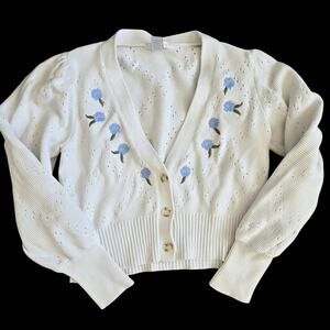 Cottage White Cropped Cardigan Women Floral Embroidery Soft Girl Spring Medium